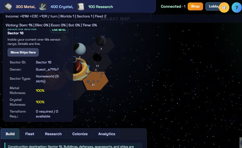 Tactical command view with resources, sector intelligence, map, and command tabs