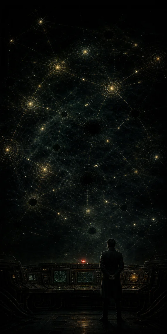 A lone command station beneath a vast darkened galactic structure