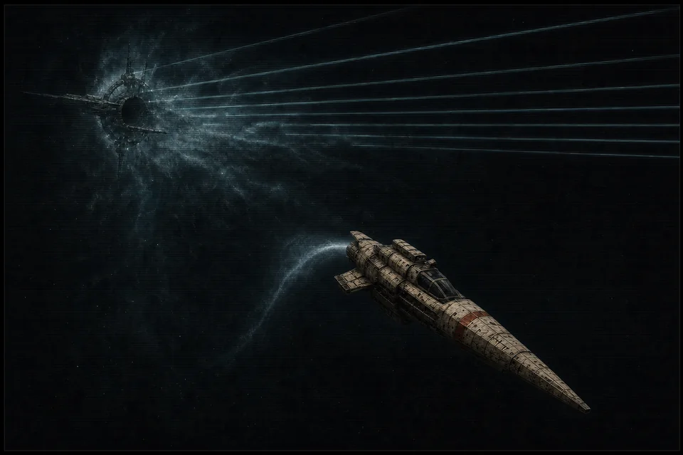 A Void Walker courier escaping a failed route at an impossible angle